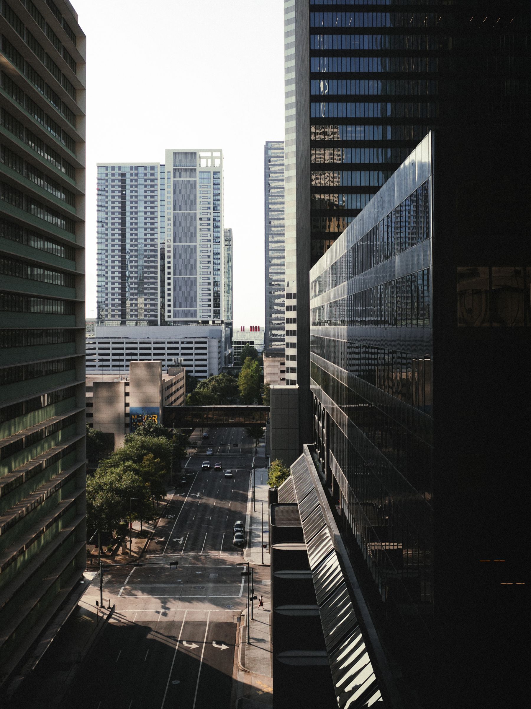 Daytime view between buildings in downtown Houston, Texas